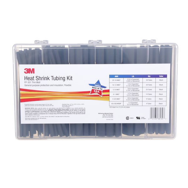 3M Heat Shrink Tube Kit, Thin Wall, 2:1 I.D. Shrink Ratio, Black, 6 in - FP301-3/16 TO 1-BLACK-5-102 PC KITS