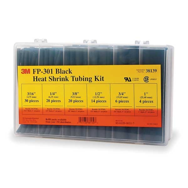 3M Heat Shrink Tube Kit, Thin Wall, 2:1 I.D. Shrink Ratio, Black, 6 in - FP301-3/16 TO 1-BLACK-5-102 PC KITS