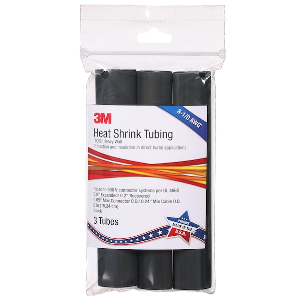 3M Adhesive Lined Heat Shrink Tube, Heavy Wall, 3:1 I.D. Shrink Ratio, 0.8 in I.D. Before Shrinking - ITCSN-0800-6"-BLACK-12-3 PC PKS