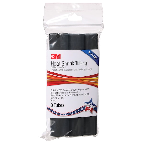 3M Adhesive Lined Heat Shrink Tube, Heavy Wall, 3:1 I.D. Shrink Ratio, 0.8 in I.D. Before Shrinking - ITCSN-0800-6"-BLACK-12-3 PC PKS