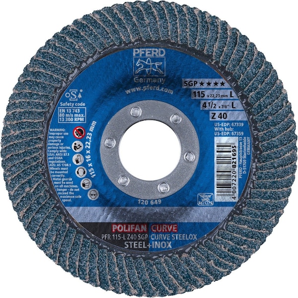 Pferd 67339 4-1/2in x 7/8in DISCO DE ALETAS POLIFAN CURVE SGP Zirconia 40G Radio Grande - 67339-PFERD