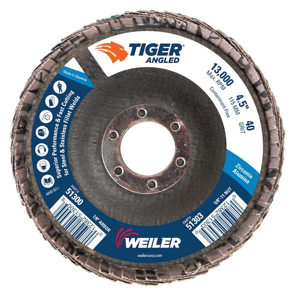 Weiler 4-1/2 Tigre Angulado (Radial) Disco de Aletas Zirc 40Z 7/8 Orificio de Árbol - 51300