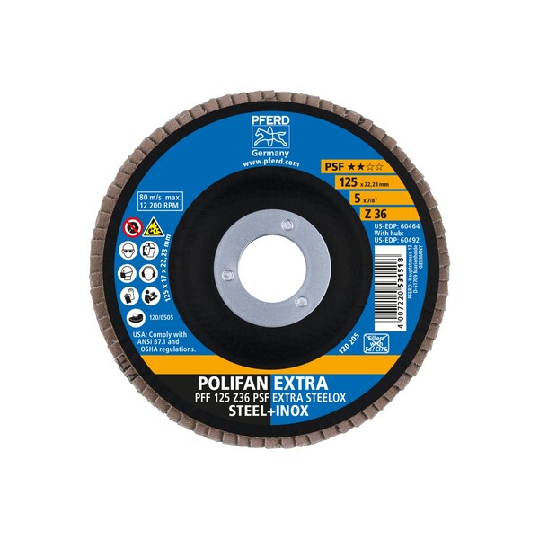 Disco de láminas Pferd 5" x 7/8" A.H. POLIFAN® - Z PSF EXTRA STEELOX, Zirconia, 36 grano, plano - 60464
