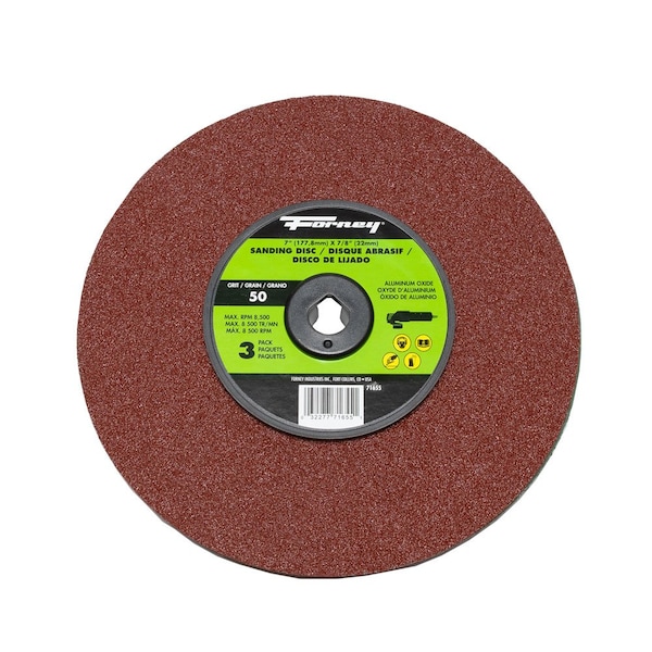 Disco de lija de fibra de resina Forney, óxido de aluminio, 7 pulgadas x 7/8 pulgadas de árbol, grano 50 - 71655