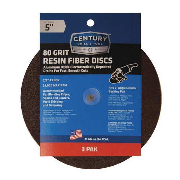 Disco de fibra de resina Century Drill & Tool, 5 pulgadas, 80 granos, paquete de 3 - 75008