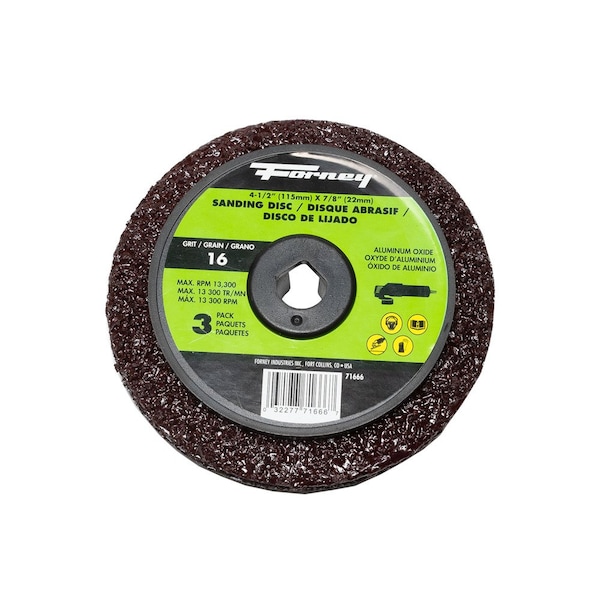 Disco de lijado de fibra de resina Forney, óxido de aluminio, 4-1/2 pulgadas x 7/8 pulgadas de arbor, grano 16 - 71666