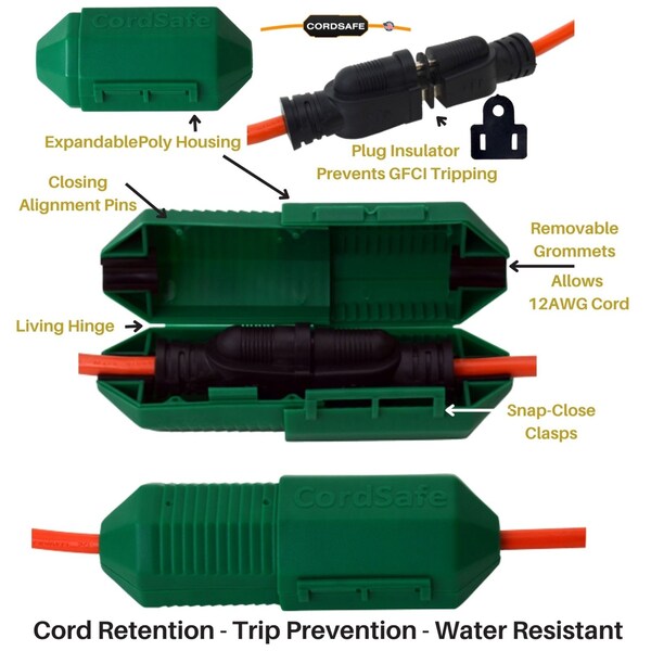 Cordsafe Electrical Extension Cord Protective Safety Cover Water-Resistant Indoor Outdoor Green, PK 3 - 2359-3
