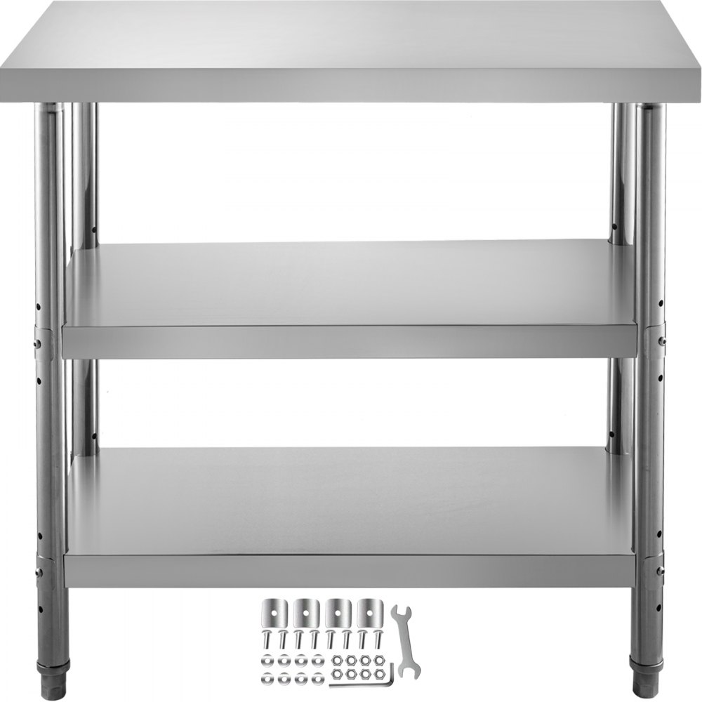 VEVOR Outdoor Food Prep Table, 24x14x33 in Commercial Stainless Steel Table, 2 Adjustable Undershelf BBQ Prep Table, Heavy Duty Kitchen Work Table, for Garage, Home, Warehouse, and Kitchen Silver - BXGSCDJ2414IN5FL9V0