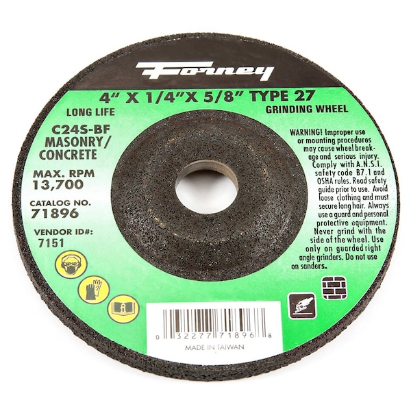 Rueda de esmeril Forney, para mampostería, Tipo 27, 4 pulgadas x 1/4 pulgadas x 5/8 pulgadas - 71896