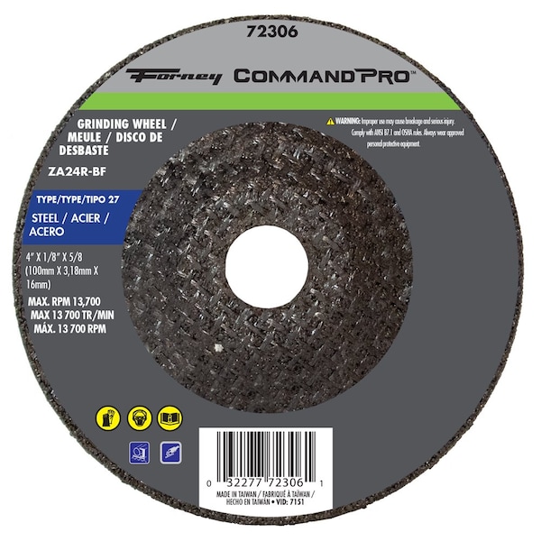 Rueda de rectificado Forney, Tipo Metal 27, 4 pulgadas x 1/8 pulgadas x 5/8 pulgadas - 72306