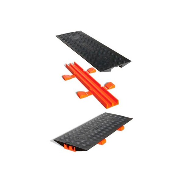 Justrite Cable Protector Bridge, 2 in H, 36 in L, 13 in W, 2 Channel, Polyurethane, Black, Orange - CL2X150-5GD-B