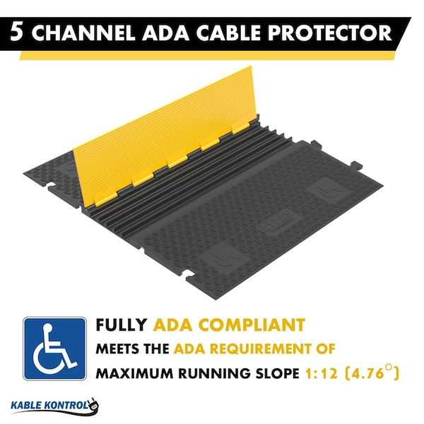 Atlas Atlas ADA Cable Protector Ramp, 5 Channels, Low Profile, Rubber, Yellow / Black - CP-ADA-5CH-YB