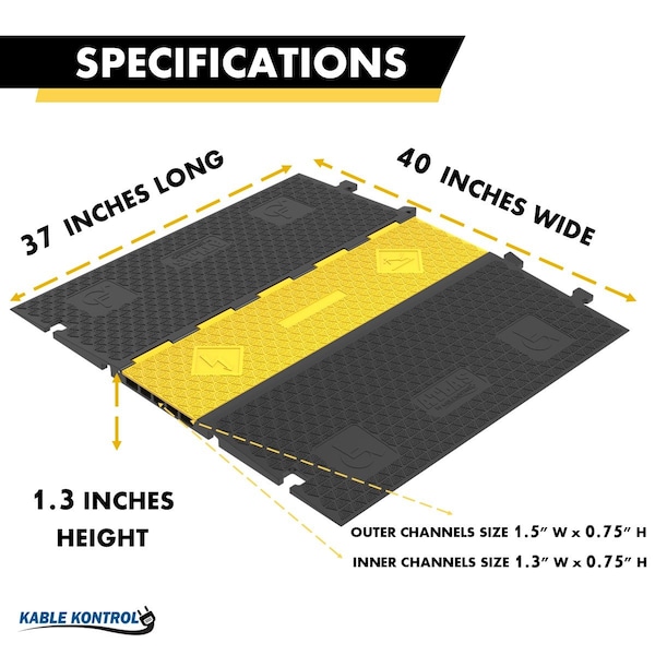 Atlas Atlas ADA Cable Protector Ramp, 5 Channels, Low Profile, Rubber, Yellow / Black - CP-ADA-5CH-YB
