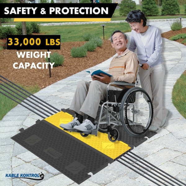Atlas Atlas ADA Cable Protector Ramp, 5 Channels, Low Profile, Rubber, Yellow / Black - CP-ADA-5CH-YB