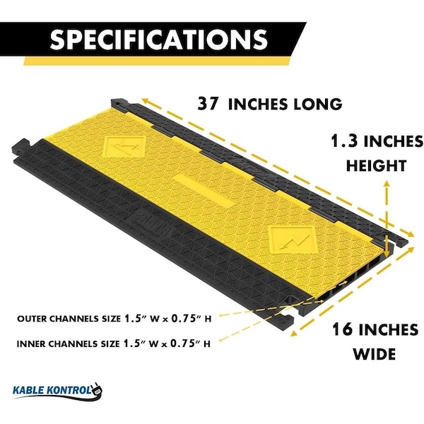 Atlas ATLAS Low Profile Cable Protector Ramp, 5 Channels, Rubber, Yellow / Black - CP9983-LP