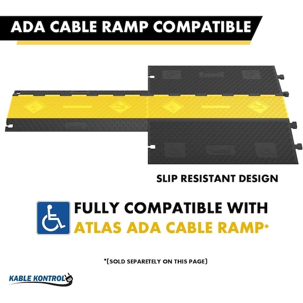 Atlas ATLAS Low Profile Cable Protector Ramp, 5 Channels, Rubber, Yellow / Black - CP9983-LP