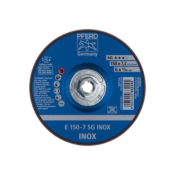 Pferd 6" x 1/4 Rueda de esmerilado, 5/8-11 Thd. - SG INOX - Tipo 27 - 61116