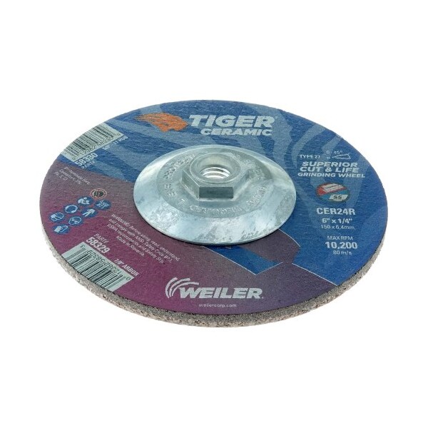 Weiler 6 pulgadas de diámetro, 1/4 de pulgada de grosor, tamaño de agujero de husillo 5/8"-11 UNC, cerámica - 58330