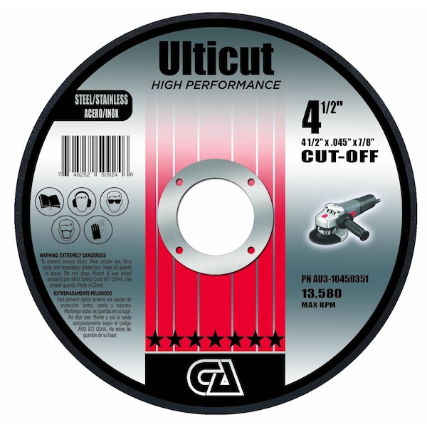 Rueda de corte delgada premium Ulticut de Continental Abrasives de 4-1/2" x .045" x 7/8" - AU3-10450351