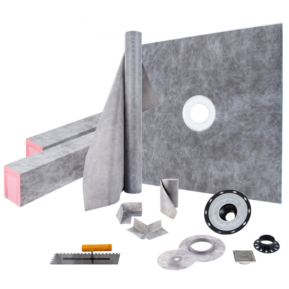 VEVOR Shower Curb Kit, 48"x48" Watertight Shower Curb Overlay with 4" PVC Central Bonding Flange, 4" Stainless Steel Grate, 2 Cuttable Shower Curb and Trowel, Shower Pan Slope Sticks Fit for Bathroom - LYDZT48X48PVCBSSLV0