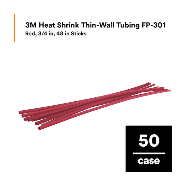3M Heat Shrink Tube, Thin Wall, 2:1 I.D. Shrink Ratio, 0.75 in I.D. Before Shrinking, Red, 4 ft, 50 PK - FP301-3/4-48"-RED-50 PCS
