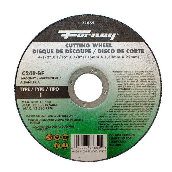 Rueda para corte Forney, mampostería, Tipo 1, 4-1/2 pulgadas x 1/16 pulgadas x 7/8 pulgadas - 71852