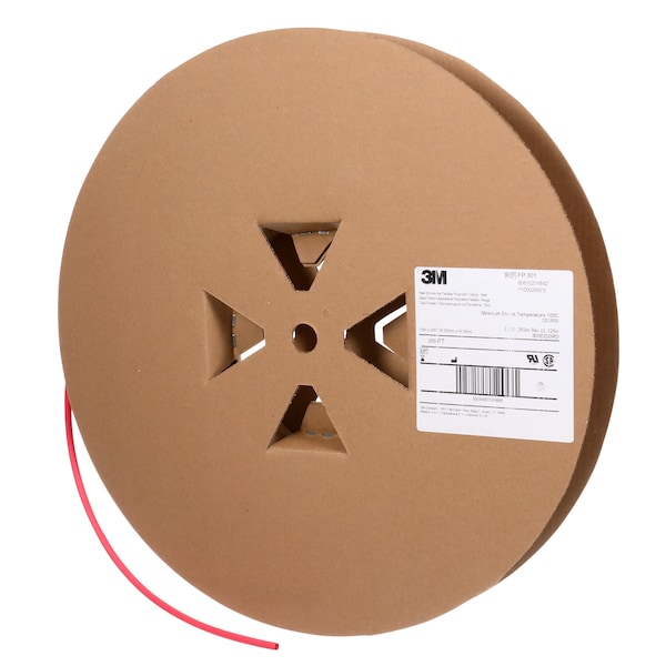 3M Heat Shrink Tube, Thin Wall, 2:1 I.D. Shrink Ratio, 0.25 in I.D. Before Shrinking, Red, 200 ft - FP301-1/4-200'-RED-SPOOL
