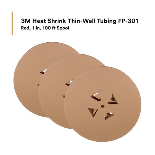 3M Heat Shrink Tube, Thin Wall, 2:1 I.D. Shrink Ratio, 1 in I.D. Before Shrinking, Red, 100 ft, 3 PK - FP301-1-100'-RED-SPOOL