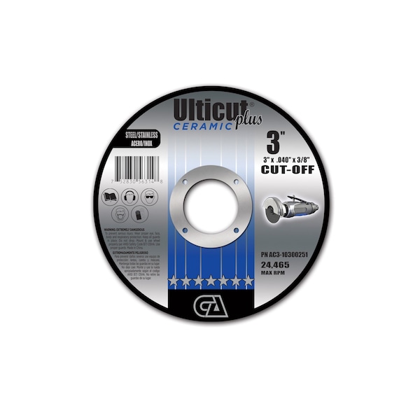 Rueda de corte reforzada doble T1 Continental Abrasives 3" x .040" x 3/8" Ceramic Ulticut Plus para Acero Inoxidable y Acero - AC3-10300251