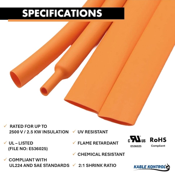 Kable Kontrol Heat Shrink Tubing, 1 in I.D. Before Shrinking, Orange, 100 ft. - HSTW125-21-100-100-OR