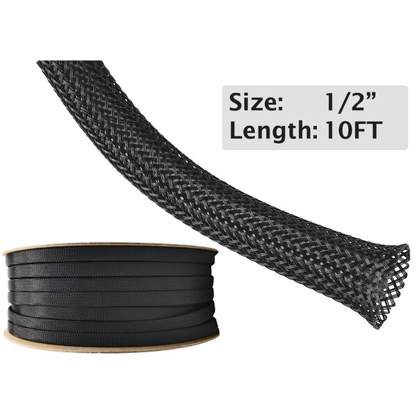 Electriduct Braided Cable Sleeve, 1/2 in Inside Dia., 0.94 in Max Bundle Dia., 10 ft, Black - BS-XO-050-10-BK