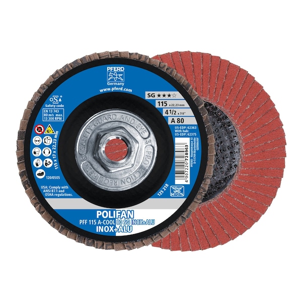 Pferd 4-1/2" x 5/8-11 Rosca POLIFAN® Disco de Aletas - A-COOL SG INOX+ALU, Óxido de aluminio, Grano 80, Plano - 62375