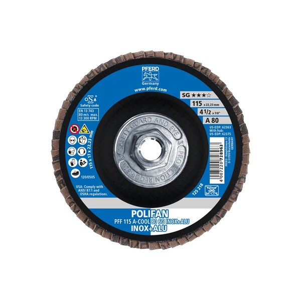 Pferd 4-1/2" x 5/8-11 Rosca POLIFAN® Disco de Aletas - A-COOL SG INOX+ALU, Óxido de aluminio, Grano 80, Plano - 62375