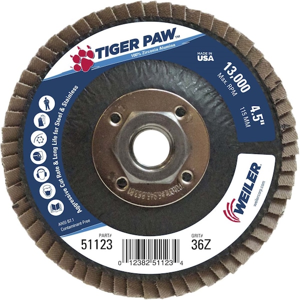 Disco de Aletas Abrasivas Weiler 4-1/2", Conico (TY29), 36Z, 5/8"-11 UNC - 51123