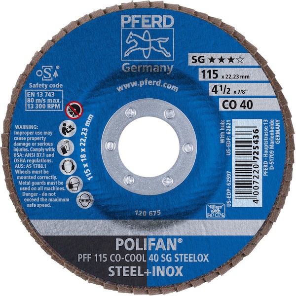 Pferd 62597 4-1/2in x 7/8in Disco de láminas POLIFAN - Plano SGP Óxido cerámico COOL 40G - 62597-PFERD