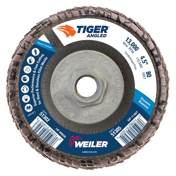 Weiler 4-1/2 Tiger Angled (Radial) Zirc Flap Disc 80Z 5/8-11 Nut - 51305

Tigre angular Weiler 4-1/2 (Radial) Disco de aletas Zirc 80Z Tuerca 5/8-11 - 51305