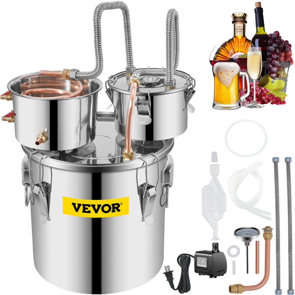 VEVOR Alcohol Still 5 Gal 19L Water Alcohol Distiller Copper Tube With Circulating Pump Home Brewing Kit Build-in Thermometer for DIY Whisky Wine Brandy, Stainless Steel, 3 Pots - ZLSJ5GALSLNTZLQDBV1