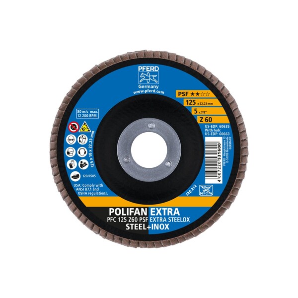Disco de láminas POLIFAN® de 5" x 7/8" A.H. - Z PSF EXTRA STEELOX, Zirconia, 60 Granos, Cónico - 60635