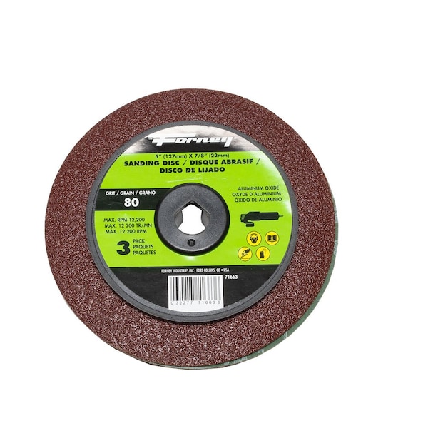 Disco de Lija Resin Bonded de Forney, Óxido de Aluminio, 5 pulgadas x 7/8 pulgadas de Arbor, 80 Granos - 71663.
