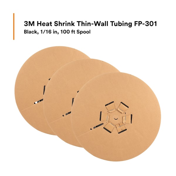 3M Heat Shrink Tube, Thin Wall, 2:1 I.D. Shrink Ratio, 0.06 in I.D. Before Shrinking, Black, 100 ft - FP301-1/16-100'-BLACK-SPOOL