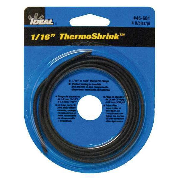 Ideal Heat Shrink Tube, Thin Wall, 2:1 I.D. Shrink Ratio, 0.08 in I.D. Before Shrinking, Black, 4 ft - 46-601