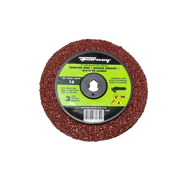 Disco de lijar de fibra de resina Forney, Óxido de aluminio, 5 pulg x 7/8 pulg de árbol, grano 16 - 71659