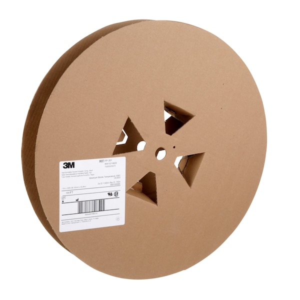 3M Heat Shrink Tube, Single Wall, Thin Wall, 2:1 I.D. Shrink Ratio, 1.5 in I.D. Before Shrinking - FP301-1.5-100'-BLACK-SPOOL