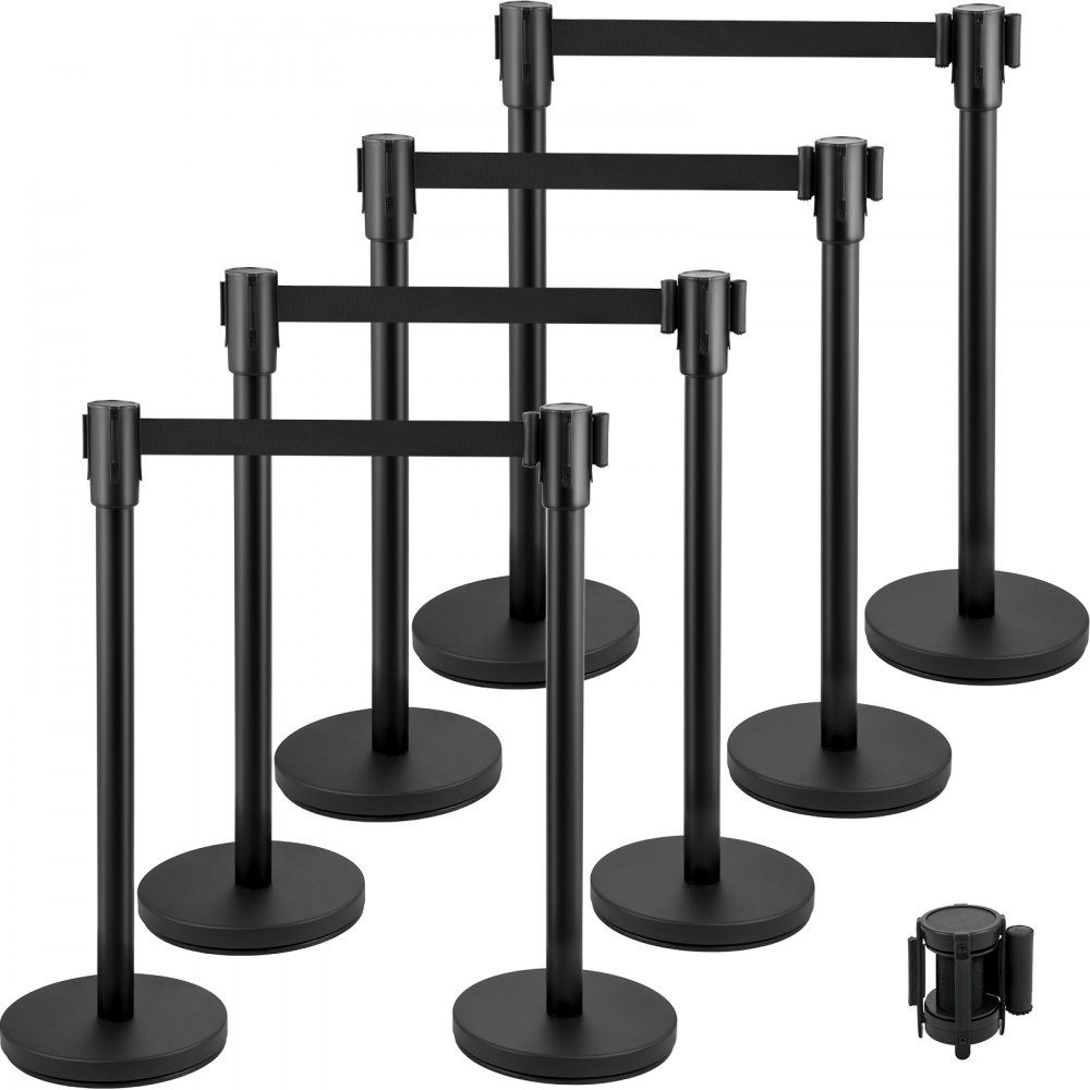 VEVOR Crowd Control Stanchion, Set of 8 Pieces Stanchion Set, Stanchion Set with 6.6 ft/2 m Black Retractable Belt, Black Crowd Control Barrier w/ Concrete and Metal Base – Easy Connect Assembly - GLZHSHD8JTDT00001V0