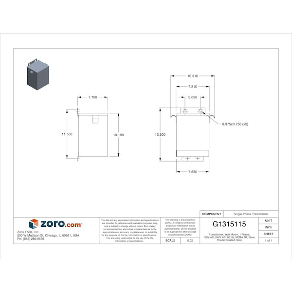 Acme Electric Transformer, Wall Mount, 1 Phase, 120V AC; 240V AC, 60 Hz, NEMA 3R, Steel, Powder Coated, Gray - T253013S