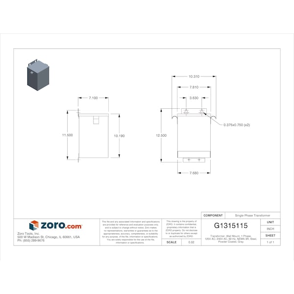 Acme Electric Transformer, Wall Mount, 1 Phase, 120V AC; 240V AC, 60 Hz, NEMA 3R, Steel, Powder Coated, Gray - T253013S