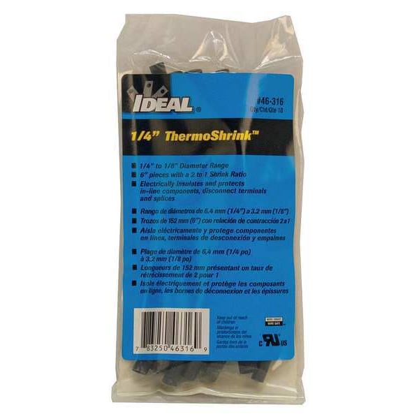 Ideal Heat Shrink Tube, Thin Wall, 2:1 I.D. Shrink Ratio, 0.27 in I.D. Before Shrinking, Black, 6 in - 46-316