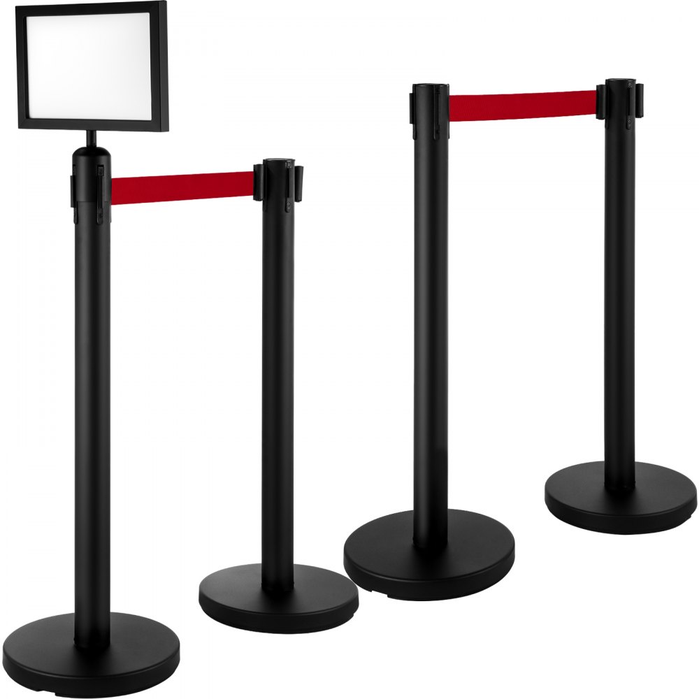 VEVOR Stanchion Post Barriers 4-Set Line Dividers, Stainless Steel Stanchions with 6.6 Black Retractable Belts, Stanchions with One Sign Frame, 34.6 Queue Safety Stanchions (Balck) - GLZ-CBTZ-HS-4JT01V0