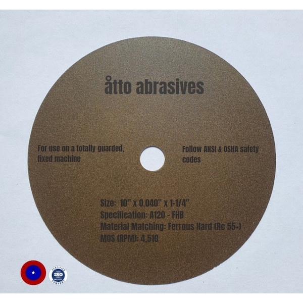 Ruedas de corte ultra delgadas Atto Abrasives 10"x0.040"x1-1/4" Ferrous Hard Rc 55+ - 1W250-100-SH