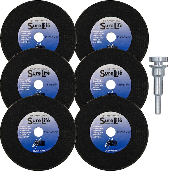 Ruedas de corte Shark Industries de 3" x 1/32" x 3/8" de Zirconia Sure-Life con mandril de 60 granos - Paquete de 6 - 26SL-M.
